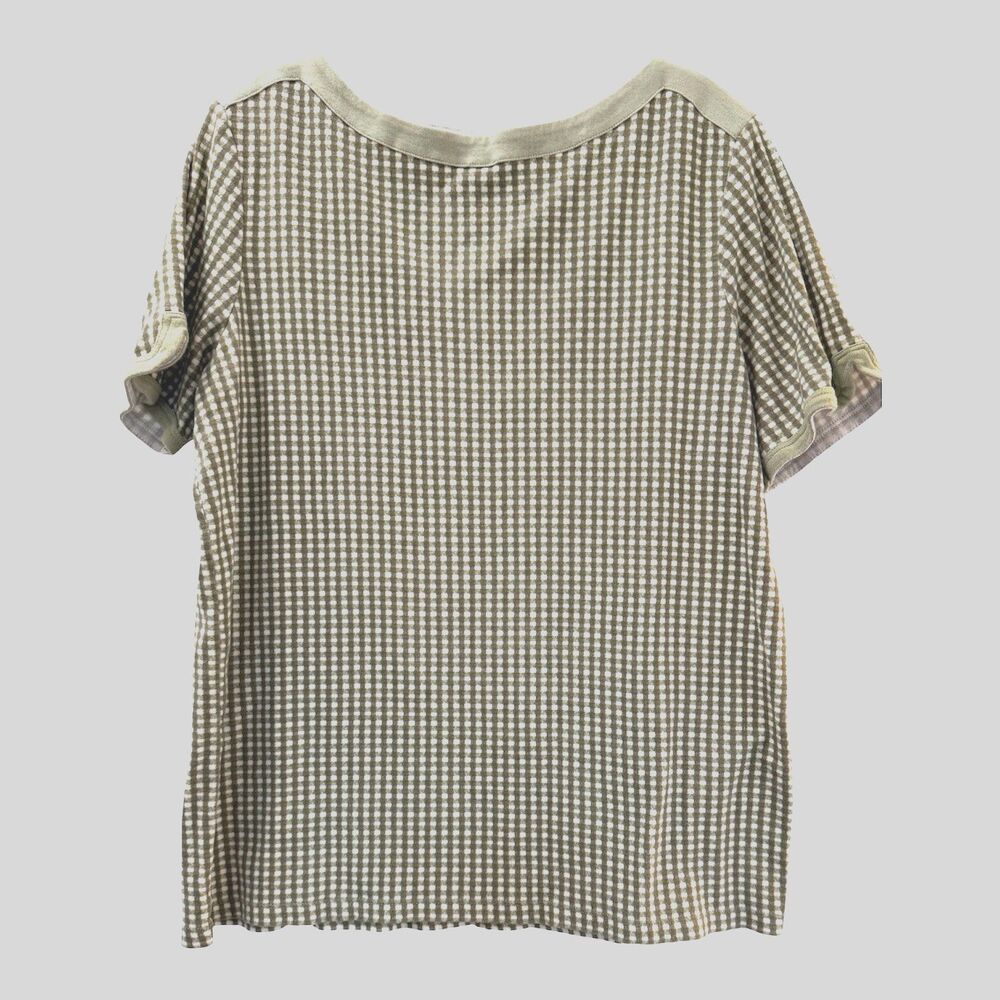 Chicos Gingham Boat-Neck Short Sleeve T Shirt Zen Minimalist Size XL Green Check